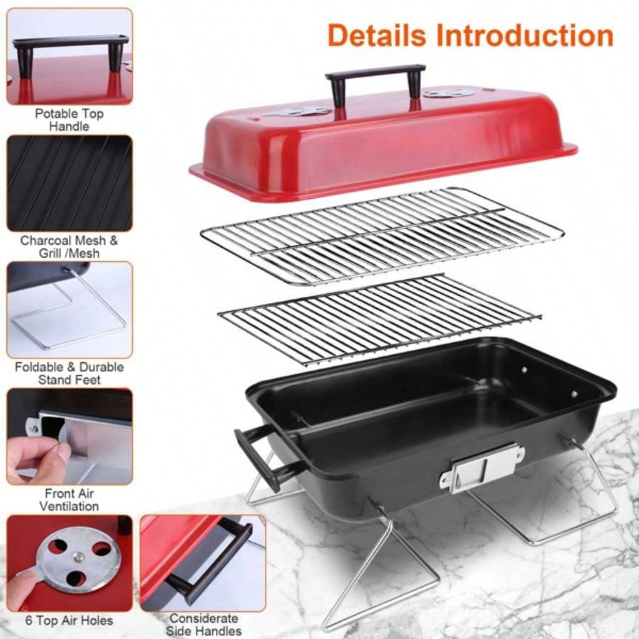 Portable Charcoal Grill Outdoor Tabletop Grill Small Barbecue Smoker Folding BBQ Grill with Lid Backyard Camping Picnics Beach