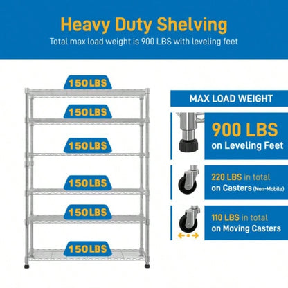 6 - Tier disassembly and assembly NSF - Certified Steel Wire Shelving with Wheels