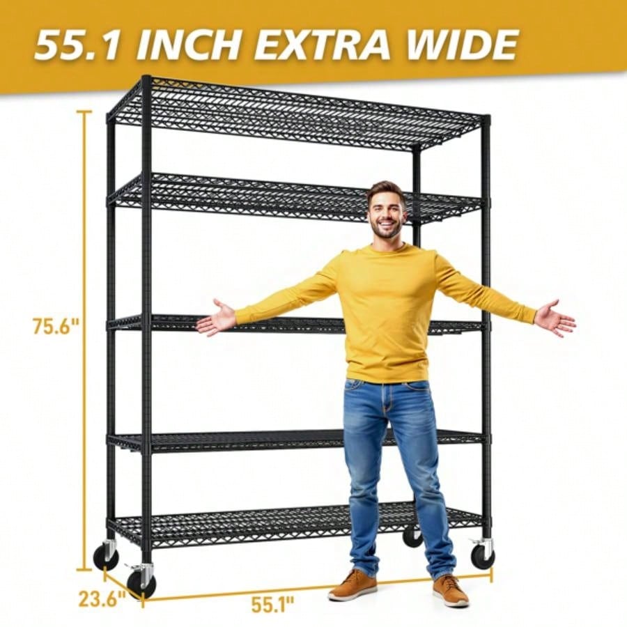 Heavy Duty Storage Shelves 55.12 Wire Shelving Unit with Wheels 3200LBS NSF Metal Shelves Storage Adjustable Garage Storage Rack Pantry Shelf Commercial Shelving, 75.59 H X 55.1239; 39; X 23.62
