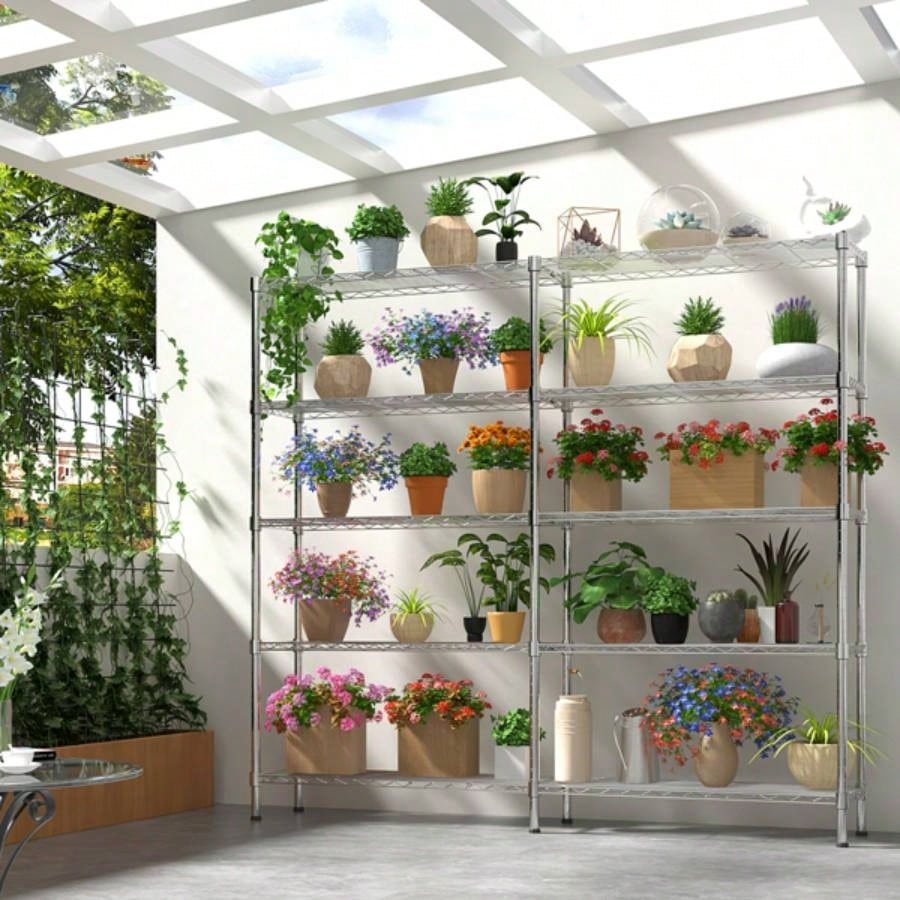5 - layer double row, freely adjustable layer spacing, with adjustable feet, display stand, iron, 147*35*180cm, - plated