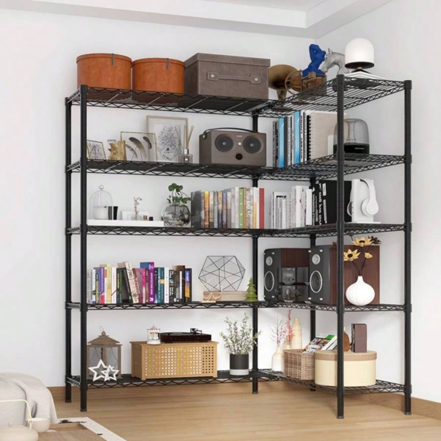 5 - layer double row, freely adjustable layer spacing, with adjustable feet, display stand, iron, 177*40*180cm, powder - coated black