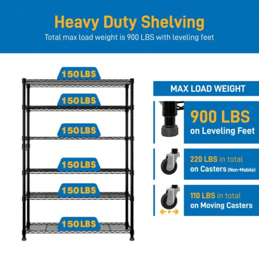 6 - Tier disassembly and assembly NSF - Certified Steel Wire Shelving with Wheels