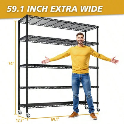 Heavy Duty Storage Shelves 59.06 Wire Shelving Unit with Wheels 3125LBS NSF Metal Shelves Storage Adjustable Garage Storage Rack Pantry Shelf Commercial Shelving, 74.02 H X 59.0639; 39; X 17.72