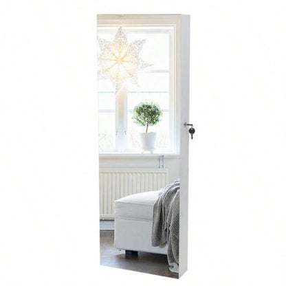 Full Mirror Wooden Wall Mounted 4 - Layer Shelf 2 Drawers With Inner Mirror 8 Blue LED Light Jewelry Storage Mirror Cabinet - White