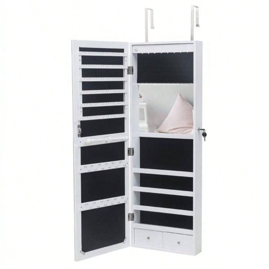 Full Mirror Wooden Wall Mounted 4 - Layer Shelf 2 Drawers With Inner Mirror 8 Blue LED Light Jewelry Storage Mirror Cabinet - White