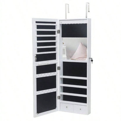Full Mirror Wooden Wall Mounted 4 - Layer Shelf 2 Drawers With Inner Mirror 8 Blue LED Light Jewelry Storage Mirror Cabinet - White
