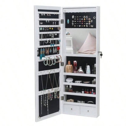 Full Mirror Wooden Wall Mounted 4 - Layer Shelf 2 Drawers With Inner Mirror 8 Blue LED Light Jewelry Storage Mirror Cabinet - White