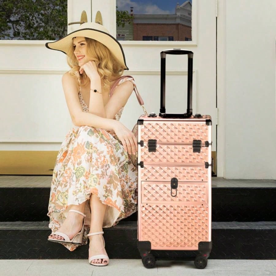 2 - in - 1 front drawer with slides, flat left drawer, removable universal wheels, aluminum, pattern, champagne gold, 34*24*72.5cm