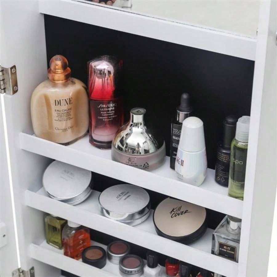 Full Mirror Wooden Wall Mounted 4 - Layer Shelf 2 Drawers With Inner Mirror 8 Blue LED Light Jewelry Storage Mirror Cabinet - White