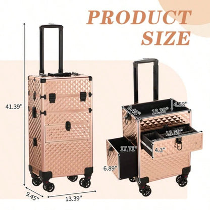 2 - in - 1 front drawer with slides, flat left drawer, removable universal wheels, aluminum, pattern, champagne gold, 34*24*72.5cm