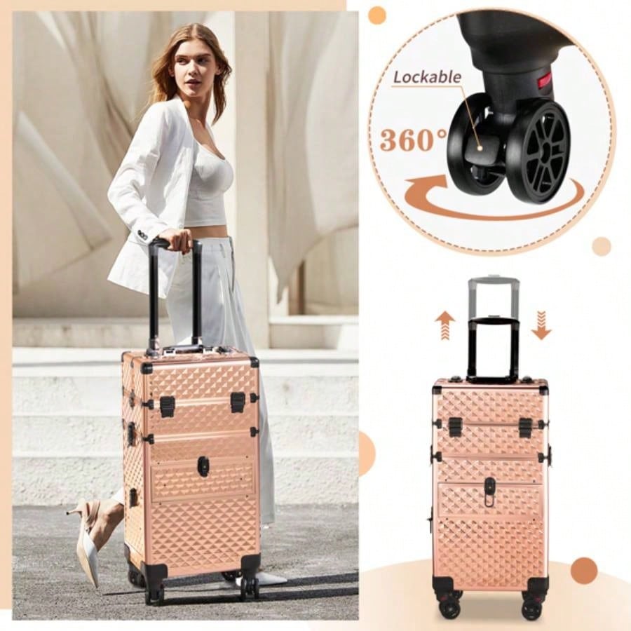 2 - in - 1 front drawer with slides, flat left drawer, removable universal wheels, aluminum, pattern, champagne gold, 34*24*72.5cm