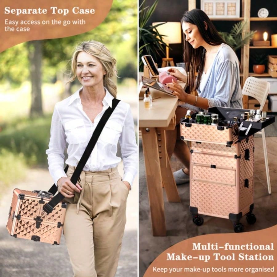 2 - in - 1 front drawer with slides, flat left drawer, removable universal wheels, aluminum, pattern, champagne gold, 34*24*72.5cm