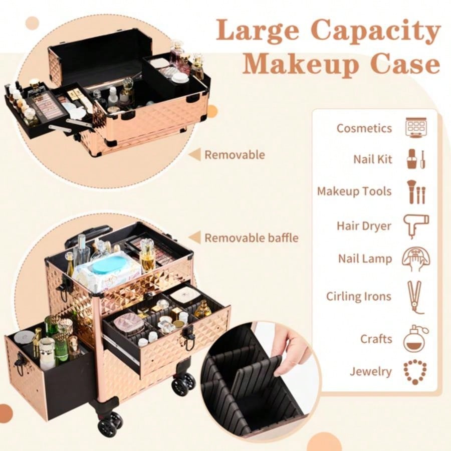 2 - in - 1 front drawer with slides, flat left drawer, removable universal wheels, aluminum, pattern, champagne gold, 34*24*72.5cm
