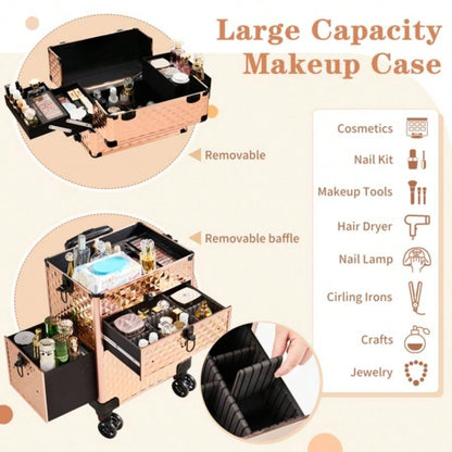 2 - in - 1 front drawer with slides, flat left drawer, removable universal wheels, aluminum, pattern, champagne gold, 34*24*72.5cm