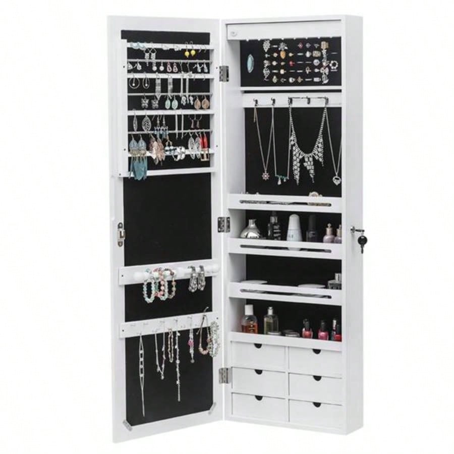 Non Full Mirror Wooden Wall Mounted 4 - Layer Shelf 6 Drawers 8 Blue LED Light Jewelry Storage Mirror Cabinet - White