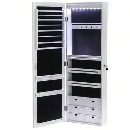 Non Full Mirror Wooden Wall Mounted 4 - Layer Shelf 6 Drawers 8 Blue LED Light Jewelry Storage Mirror Cabinet - White