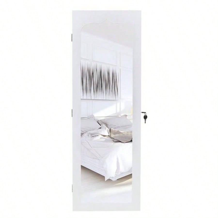 Non Full Mirror Wooden Wall Mounted 4 - Layer Shelf 6 Drawers 8 Blue LED Light Jewelry Storage Mirror Cabinet - White