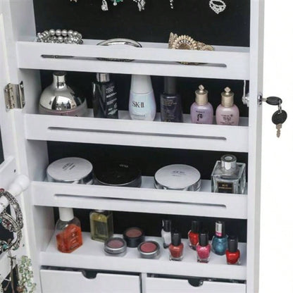 Non Full Mirror Wooden Wall Mounted 4 - Layer Shelf 6 Drawers 8 Blue LED Light Jewelry Storage Mirror Cabinet - White