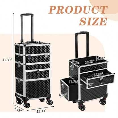 2 - in - 1 front drawer with slides, flat left drawer, removable universal wheels, aluminum, pattern, black, 34*24*72.5cm