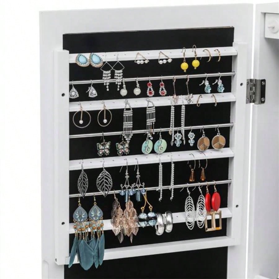 Non Full Mirror Wooden Wall Mounted 4 - Layer Shelf 6 Drawers 8 Blue LED Light Jewelry Storage Mirror Cabinet - White