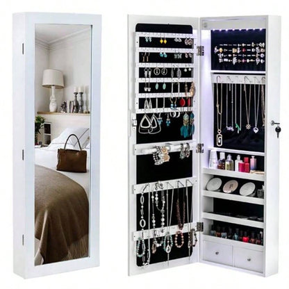 Non Full Mirror Wooden Wall Mounted 4 - Layer Shelf, 2 Drawers, 8 Blue LED Lights, Jewelry Storage Mirror Cabinet - White