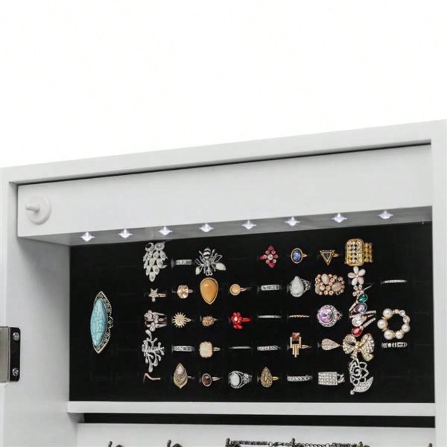 Non Full Mirror Wooden Wall Mounted 4 - Layer Shelf 6 Drawers 8 Blue LED Light Jewelry Storage Mirror Cabinet - White