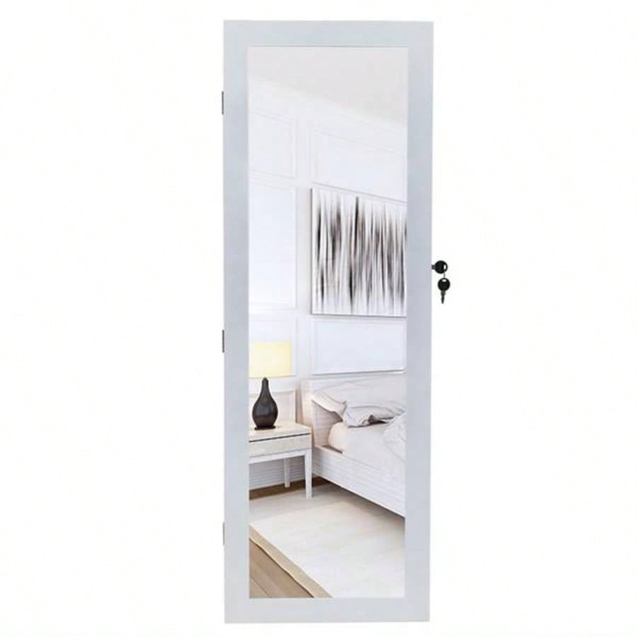 Non Full Mirror Wooden Wall Mounted 4 - Layer Shelf, 2 Drawers, 8 Blue LED Lights, Jewelry Storage Mirror Cabinet - White
