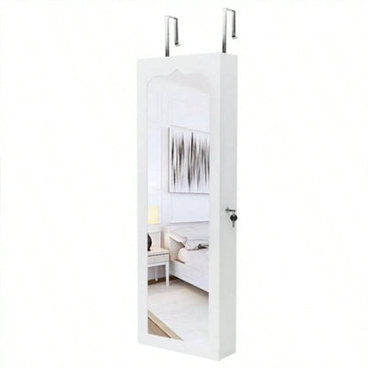 Non Full Mirror Wooden Wall Mounted 4 - Layer Shelf 6 Drawers 8 Blue LED Light Jewelry Storage Mirror Cabinet - White