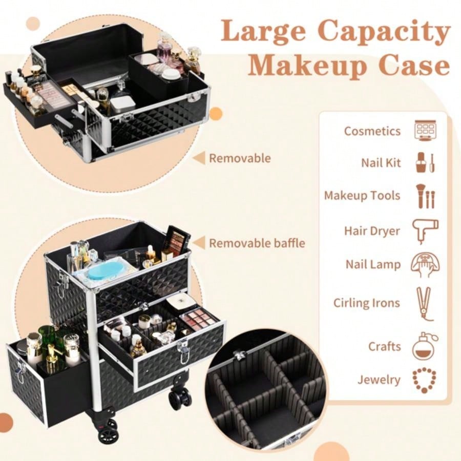2 - in - 1 front drawer with slides, flat left drawer, removable universal wheels, aluminum, pattern, black, 34*24*72.5cm