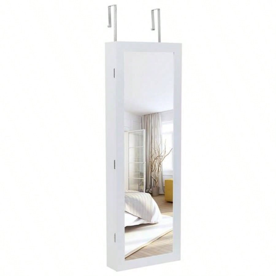 Non Full Mirror Wooden Wall Mounted 4 - Layer Shelf, 2 Drawers, 8 Blue LED Lights, Jewelry Storage Mirror Cabinet - White