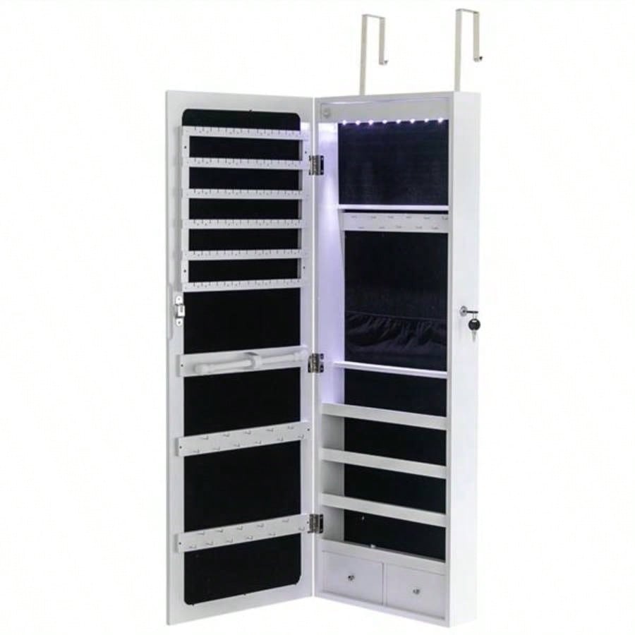 Non Full Mirror Wooden Wall Mounted 4 - Layer Shelf, 2 Drawers, 8 Blue LED Lights, Jewelry Storage Mirror Cabinet - White