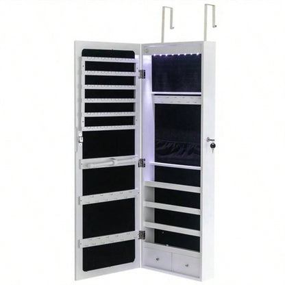 Non Full Mirror Wooden Wall Mounted 4 - Layer Shelf, 2 Drawers, 8 Blue LED Lights, Jewelry Storage Mirror Cabinet - White
