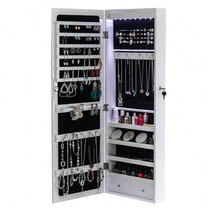 Non Full Mirror Wooden Wall Mounted 4 - Layer Shelf, 2 Drawers, 8 Blue LED Lights, Jewelry Storage Mirror Cabinet - White