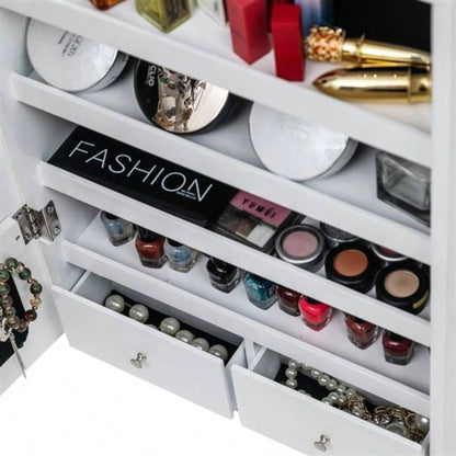 Non Full Mirror Wooden Wall Mounted 4 - Layer Shelf, 2 Drawers, 8 Blue LED Lights, Jewelry Storage Mirror Cabinet - White