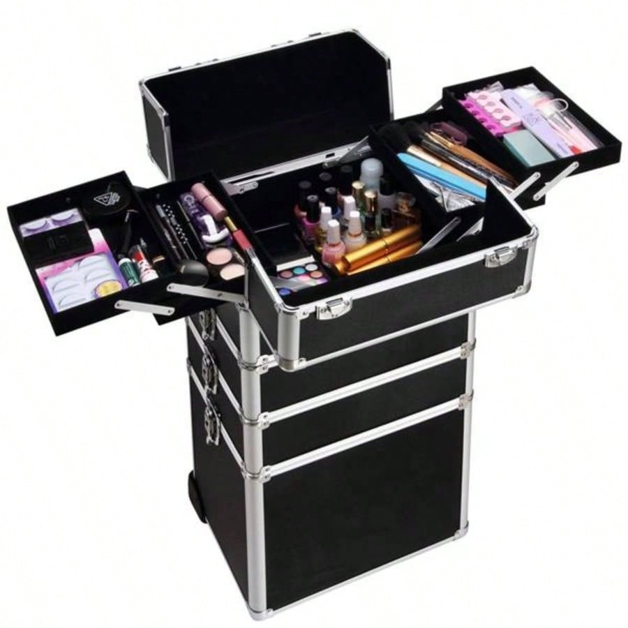 4 - in - 1 Draw - bar Style Interchangeable Aluminum Rolling Makeup Black