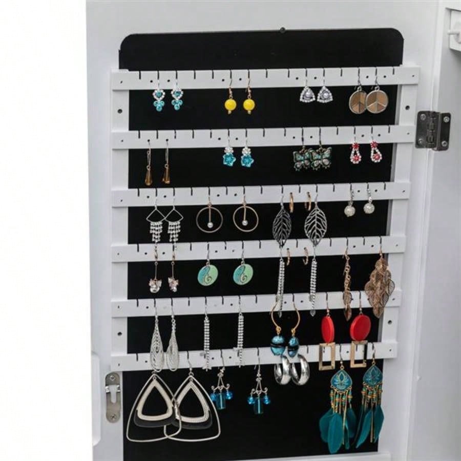Non Full Mirror Wooden Wall Mounted 4 - Layer Shelf, 2 Drawers, 8 Blue LED Lights, Jewelry Storage Mirror Cabinet - White