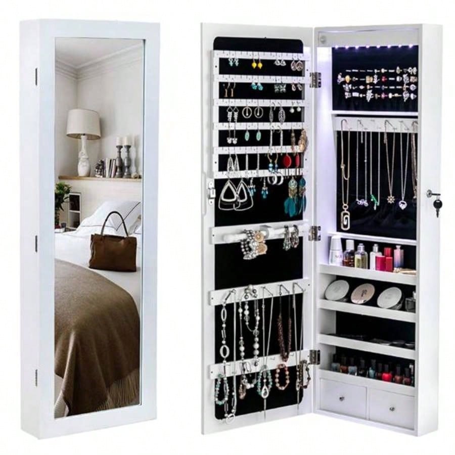 Non Full Mirror Wooden Wall Mounted 4 - Layer Shelf, 2 Drawers, 8 Blue LED Lights, Jewelry Storage Mirror Cabinet - White