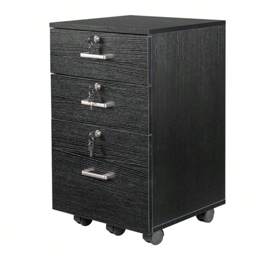 FCH Black Wood Grain Density Board Three Drawers Wooden Filing Cabinet