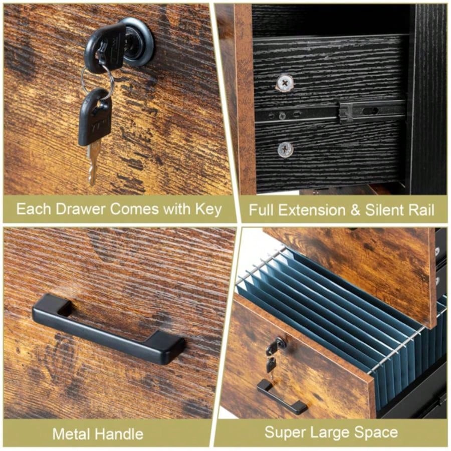 2 - Drawer Rolling Wood File Cabinet with Lock, Brown Black