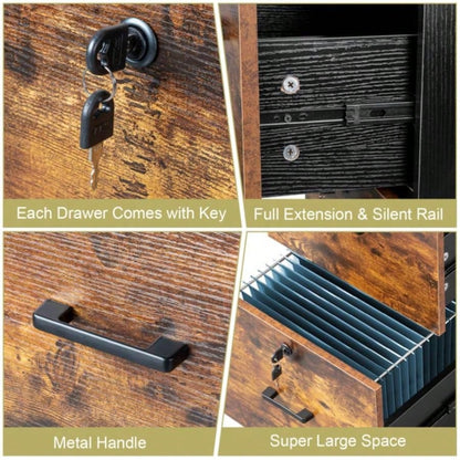 2 - Drawer Rolling Wood File Cabinet with Lock, Brown Black