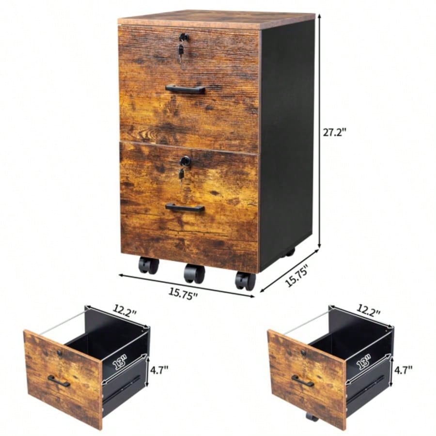 2 - Drawer Rolling Wood File Cabinet with Lock, Brown Black