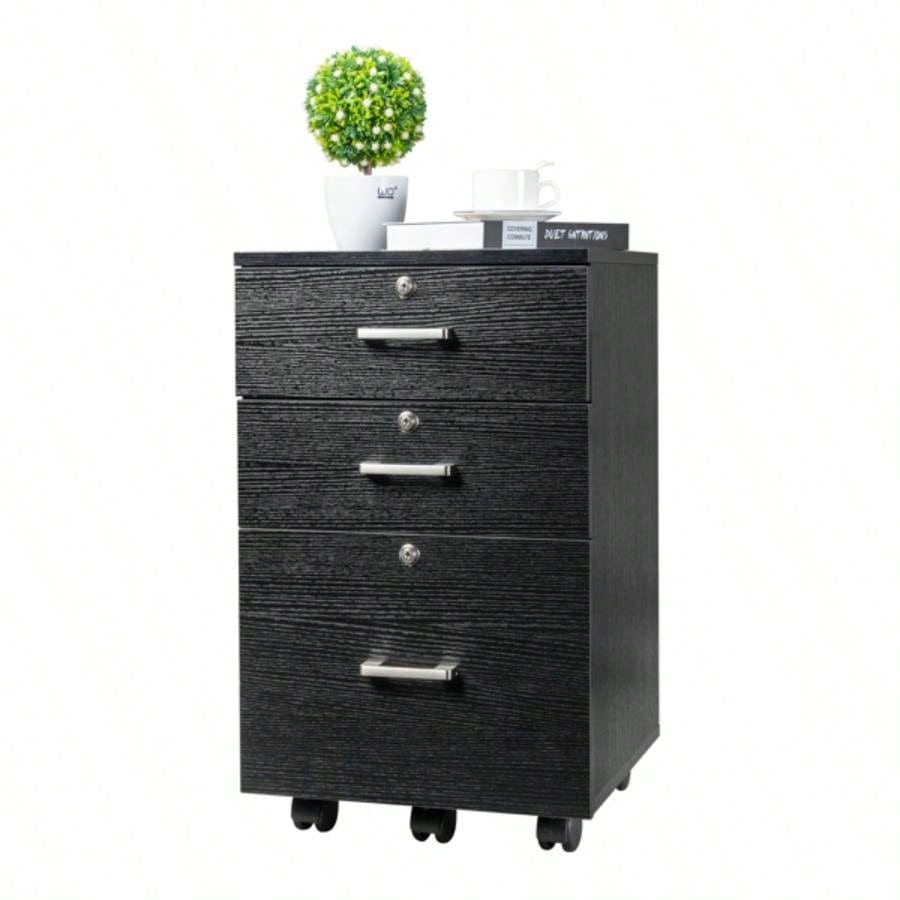 FCH Black Wood Grain Density Board Three Drawers Wooden Filing Cabinet
