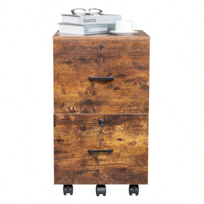 2 - Drawer Rolling Wood File Cabinet with Lock, Brown Black