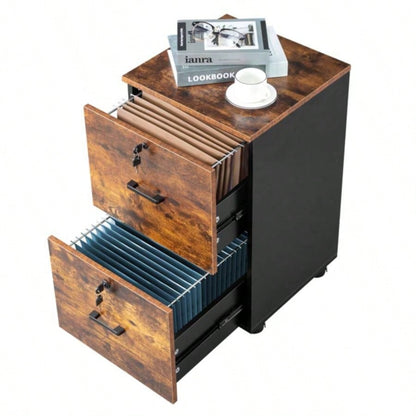 2 - Drawer Rolling Wood File Cabinet with Lock, Brown Black