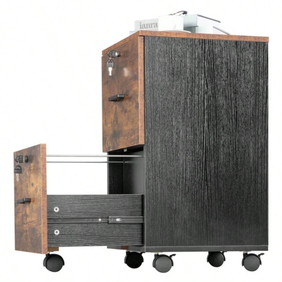2 - Drawer Rolling Wood File Cabinet with Lock, Brown Black