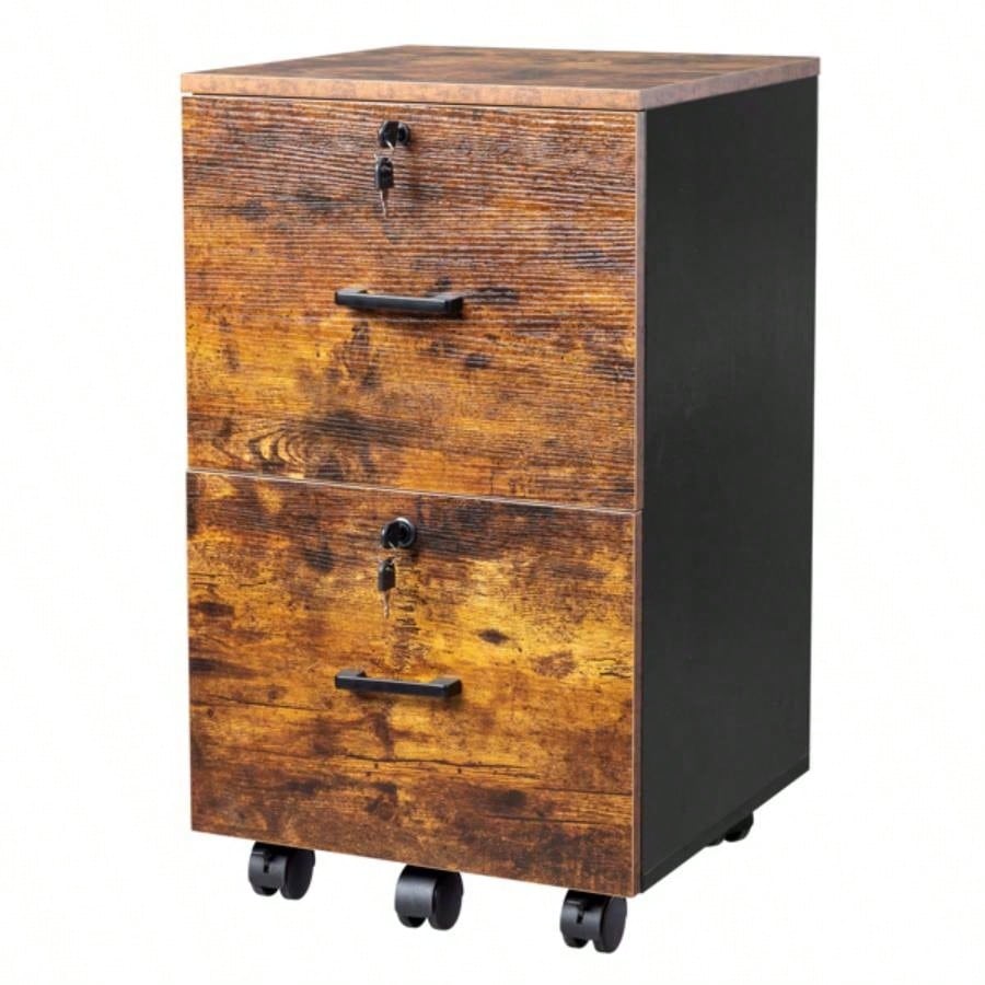 2 - Drawer Rolling Wood File Cabinet with Lock, Brown Black