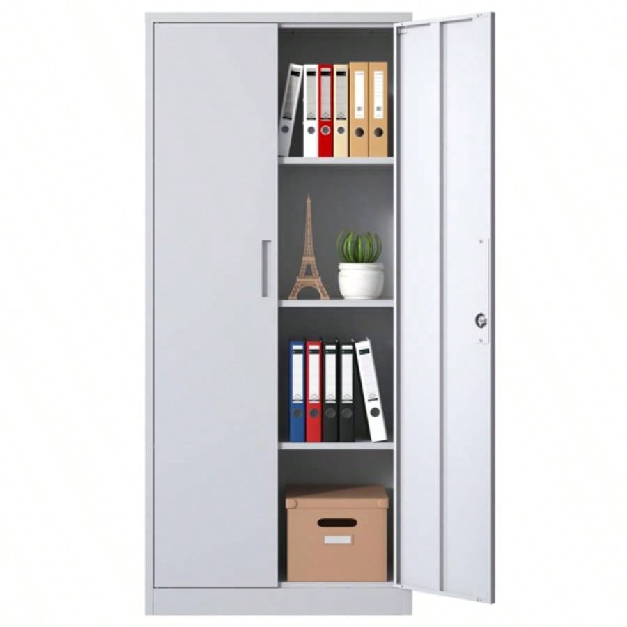 71H Metal Garage Storage Cabinet, White Steel Locking Cabinet with Doors and 3 Adjustable Shelves, Tall Cabinets Garage Storage Systems Lockable File Cabinet Home Office, Classroom, Pantry