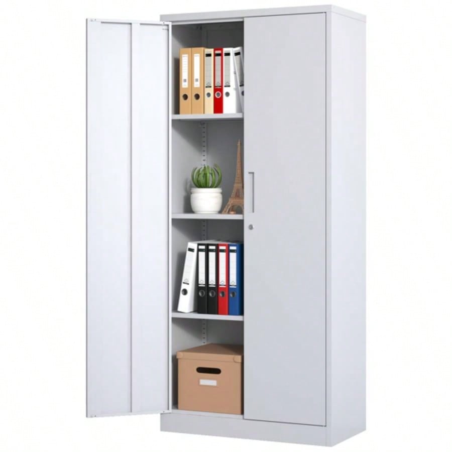 71H Metal Garage Storage Cabinet, White Steel Locking Cabinet with Doors and 3 Adjustable Shelves, Tall Cabinets Garage Storage Systems Lockable File Cabinet Home Office, Classroom, Pantry