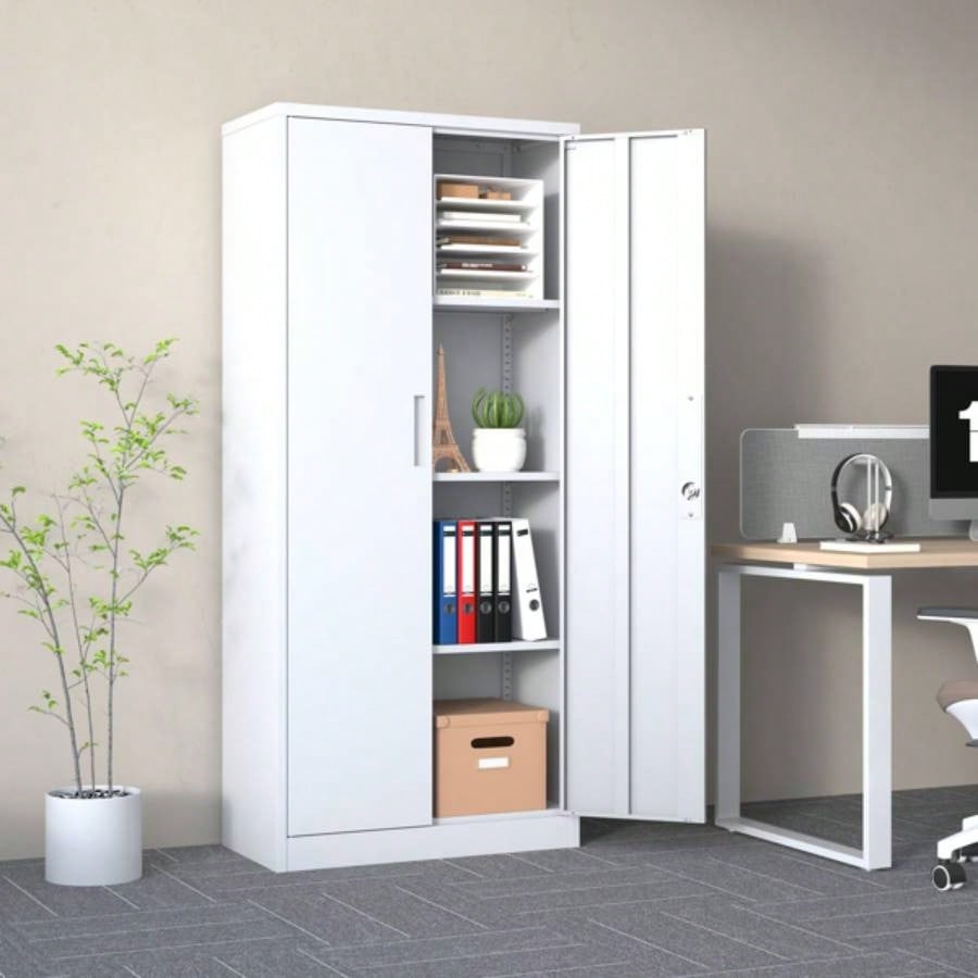 71H Metal Garage Storage Cabinet, White Steel Locking Cabinet with Doors and 3 Adjustable Shelves, Tall Cabinets Garage Storage Systems Lockable File Cabinet Home Office, Classroom, Pantry