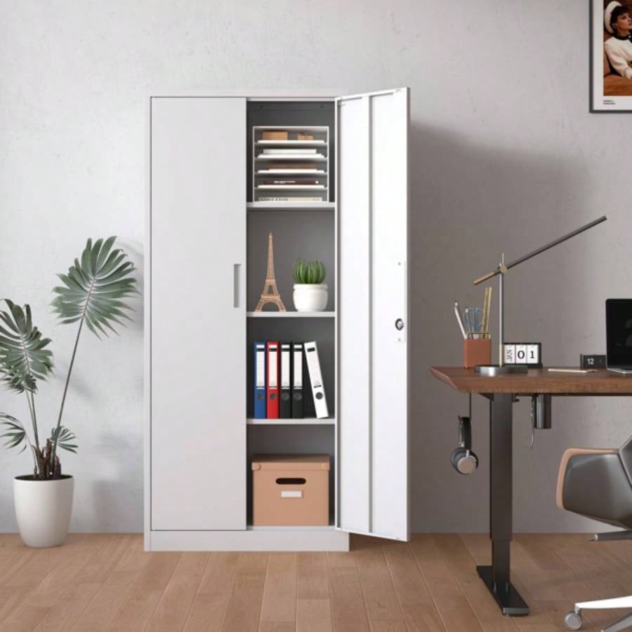 71H Metal Garage Storage Cabinet, White Steel Locking Cabinet with Doors and 3 Adjustable Shelves, Tall Cabinets Garage Storage Systems Lockable File Cabinet Home Office, Classroom, Pantry